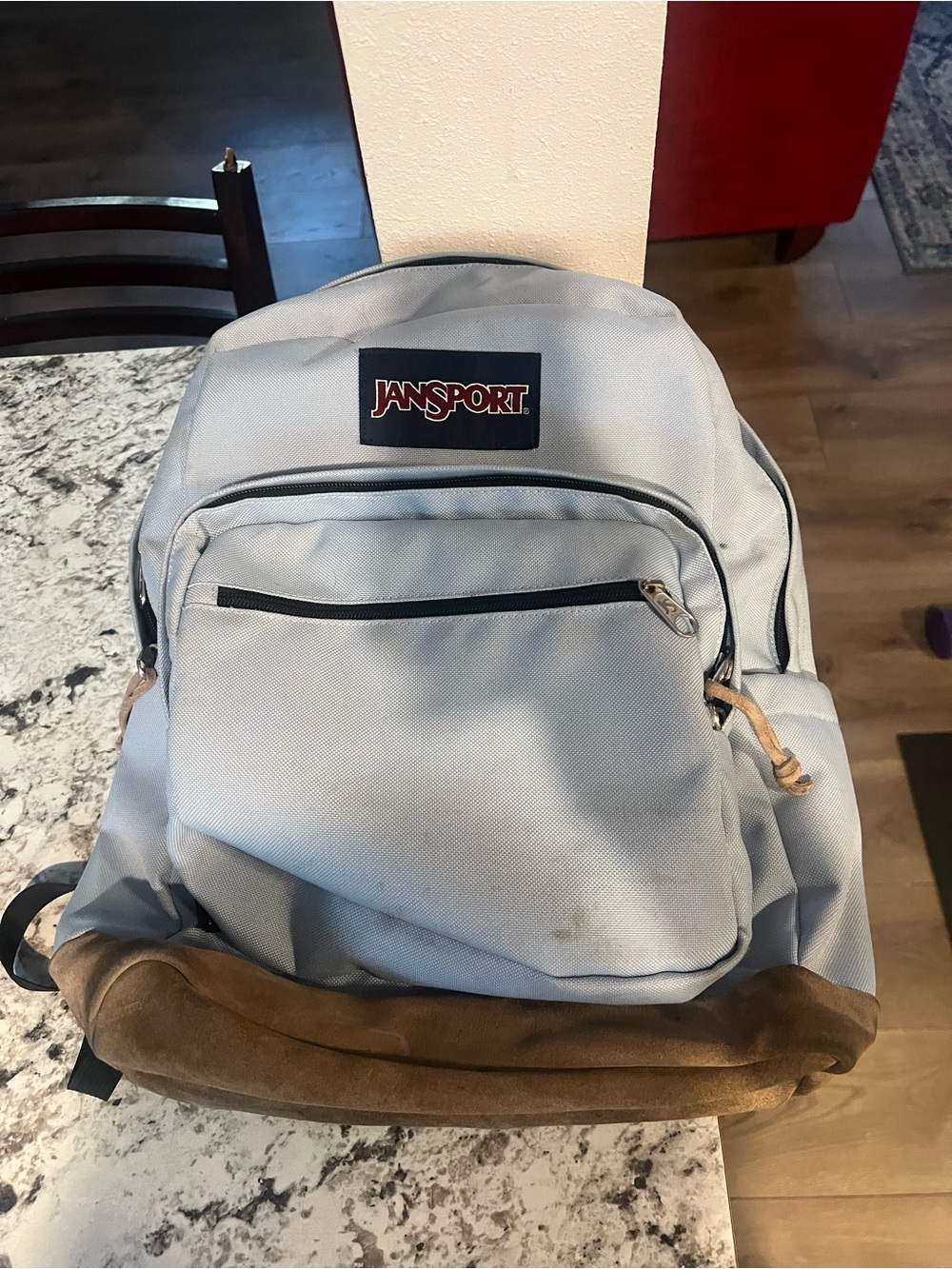 Jansport Light Gray Backpack with Brown Suede Base